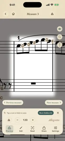 Practice mode with a note name hidden